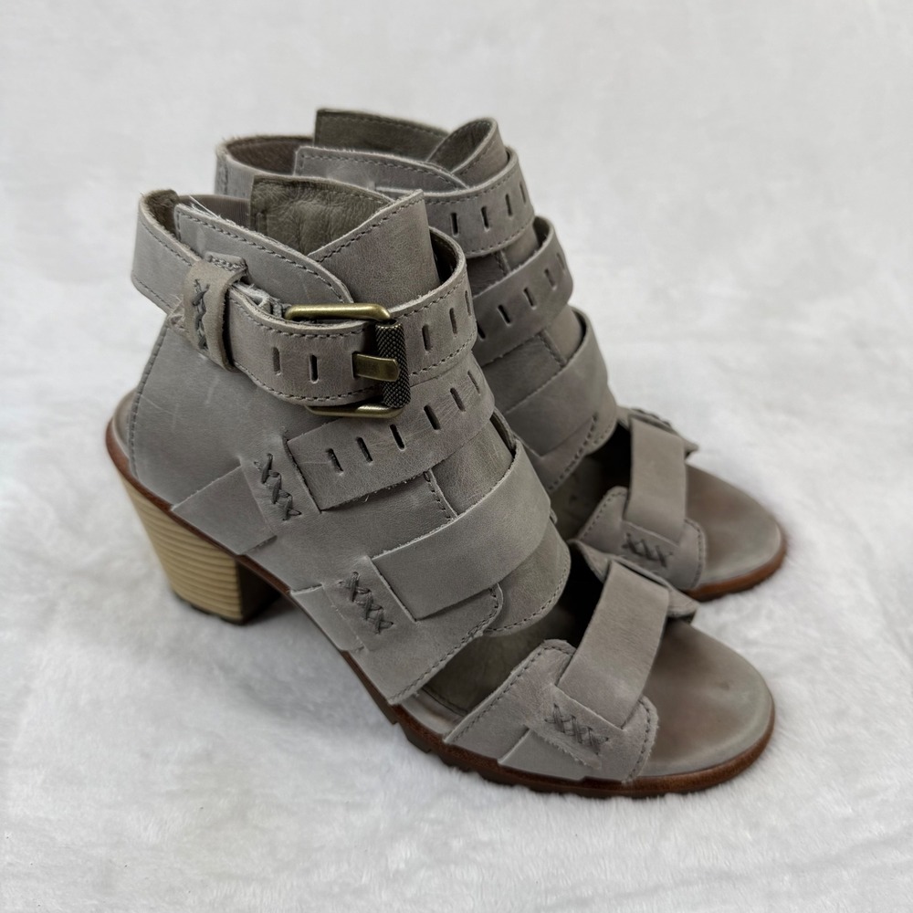 Sorel Joanie Sandal‎ Quarry Gray Leather Block Heel Strappy Buckle NL2841-005 7